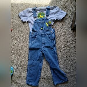 NWT John Deere Boys Blue Denim Overalls with Gray Tee and Green Logo